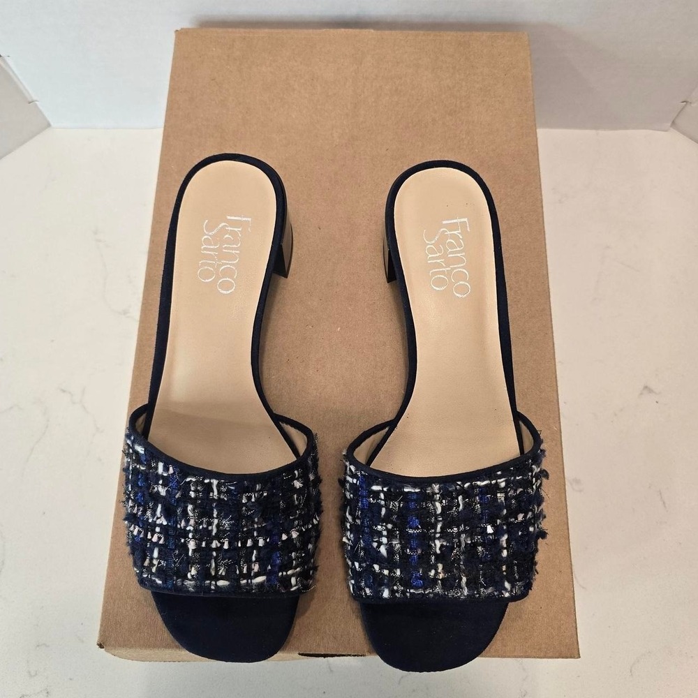Franco Sarto Ramy Blue Tweed Block Heel Slide Sandals Preppy Vacation Chic- 7.5 - Picture 6 of 7